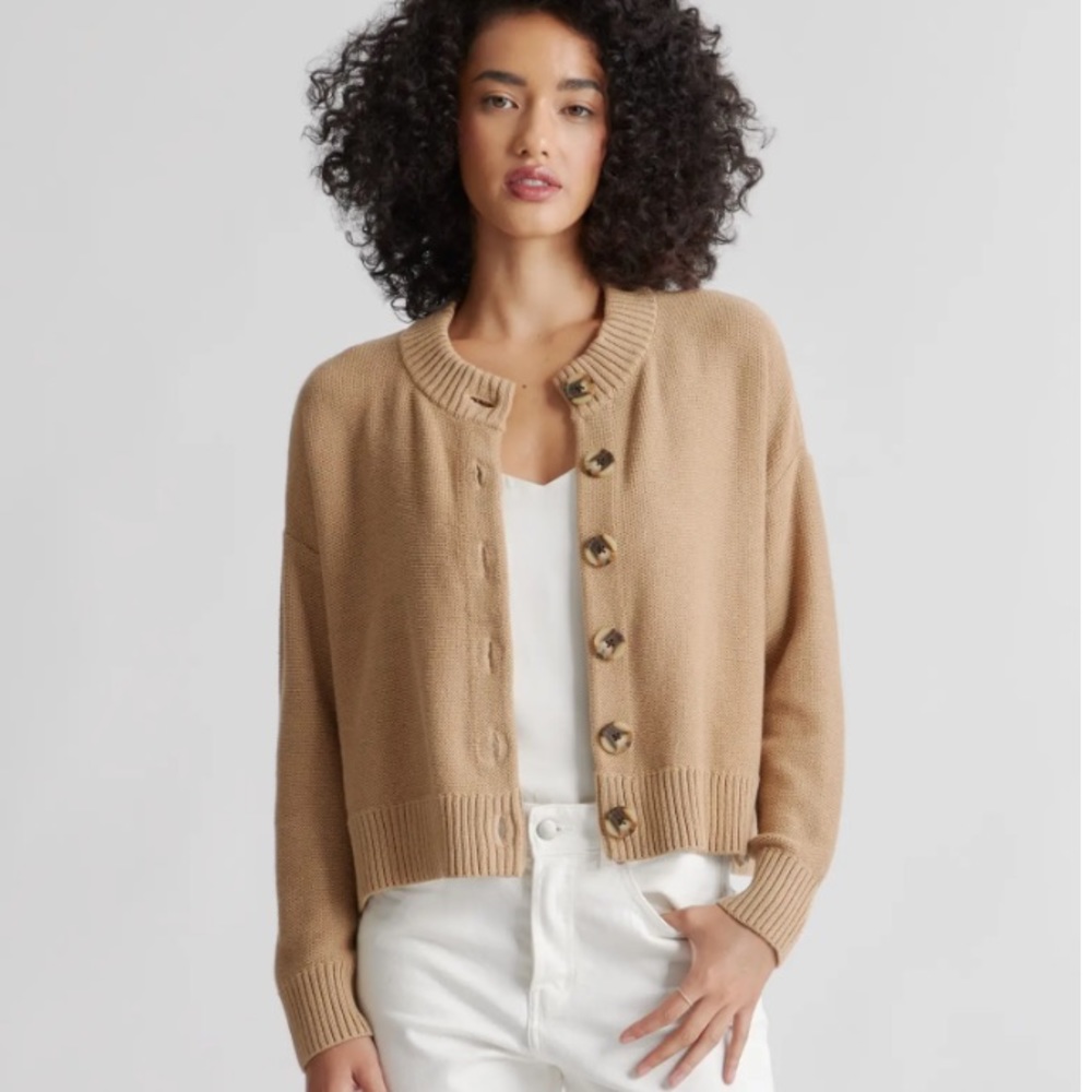 Quince 100% Organic Cotton Cropped Cardigan- Camel